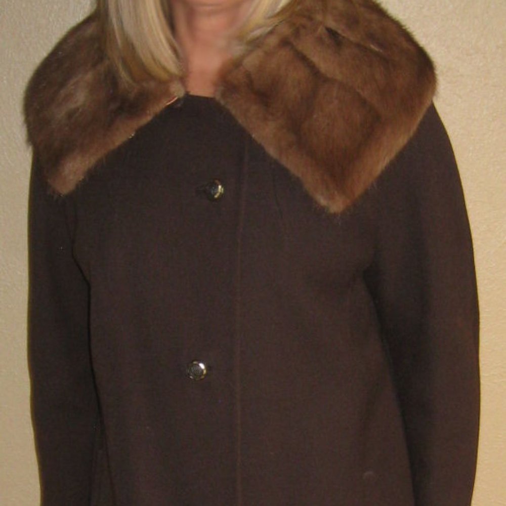 Vintage Chocolate Brown Wool Coat Mink Collar 1950's Women's Custom Tailored USA